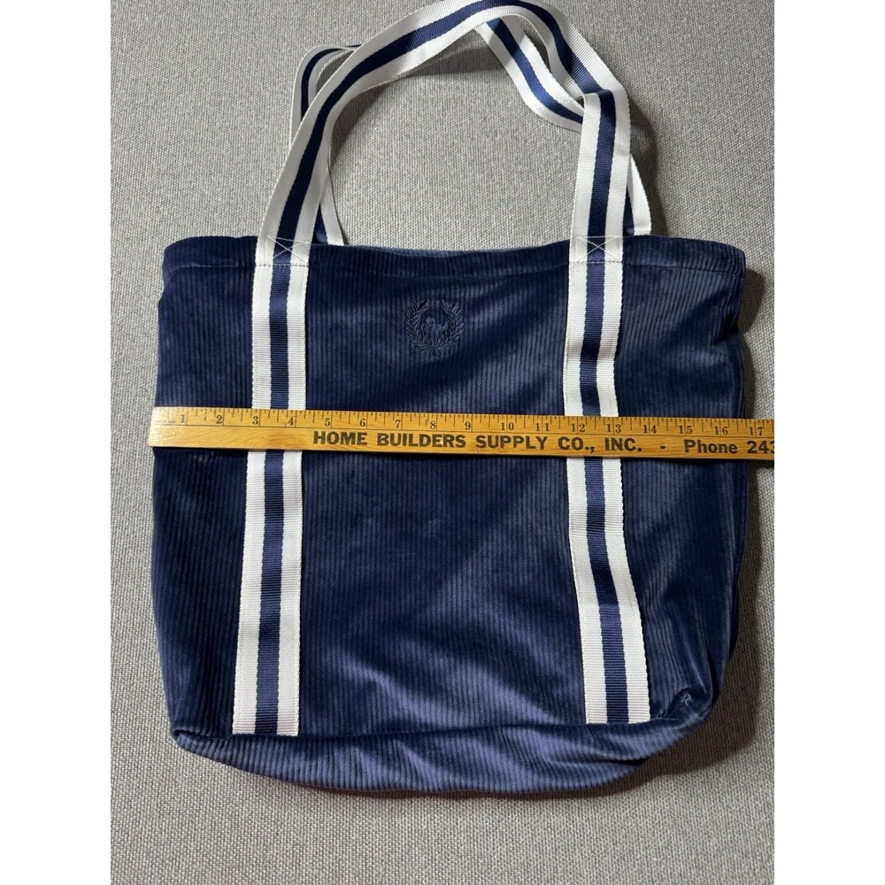 Women's Blue Solid Tote Bag White/Blue Striped Canvas Double Handles - Picture 4 of 9